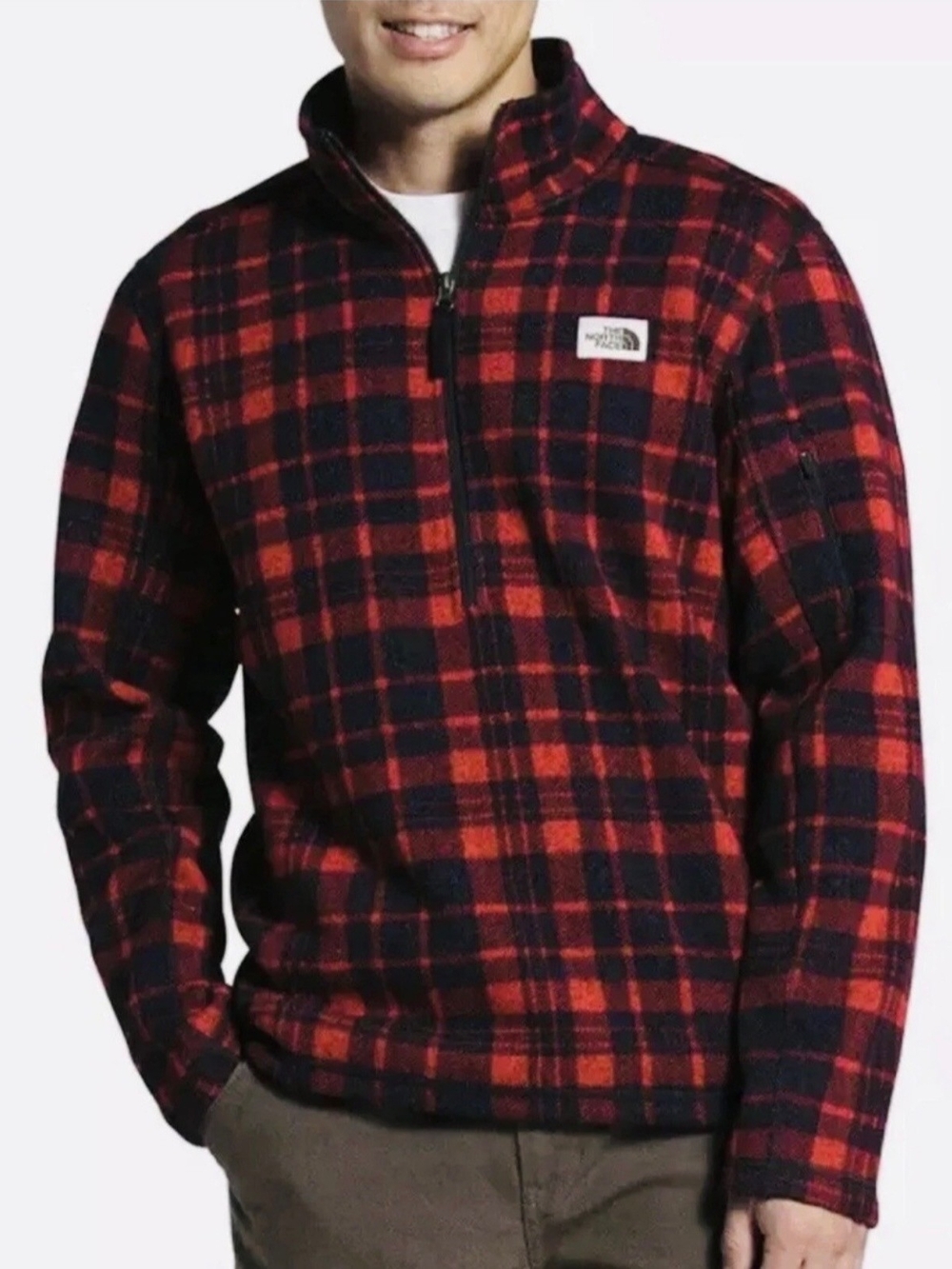 The North Face Men’s Red and Black Plaid 1/4 Zip Fleece